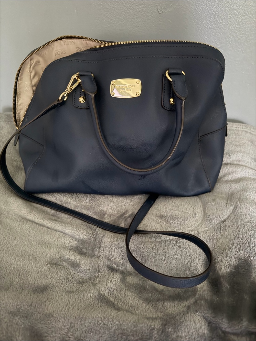 Michael Kors Navy Leather Satchel with Gold Plate